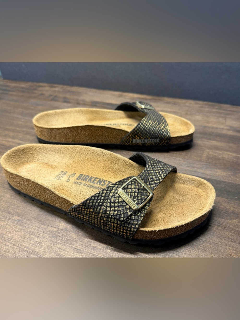 Birkenstock Madrid Metallic Sandals EU 38 Black Gold Snake Texture - Picture 4 of 8